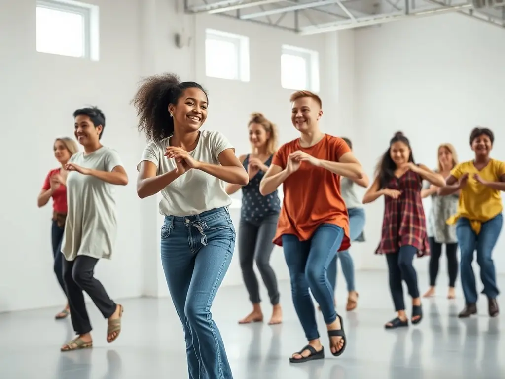 A group of people participating in a traditional dance workshop, showcasing the cultural exchange and learning facilitated by BAL & ART's programs.