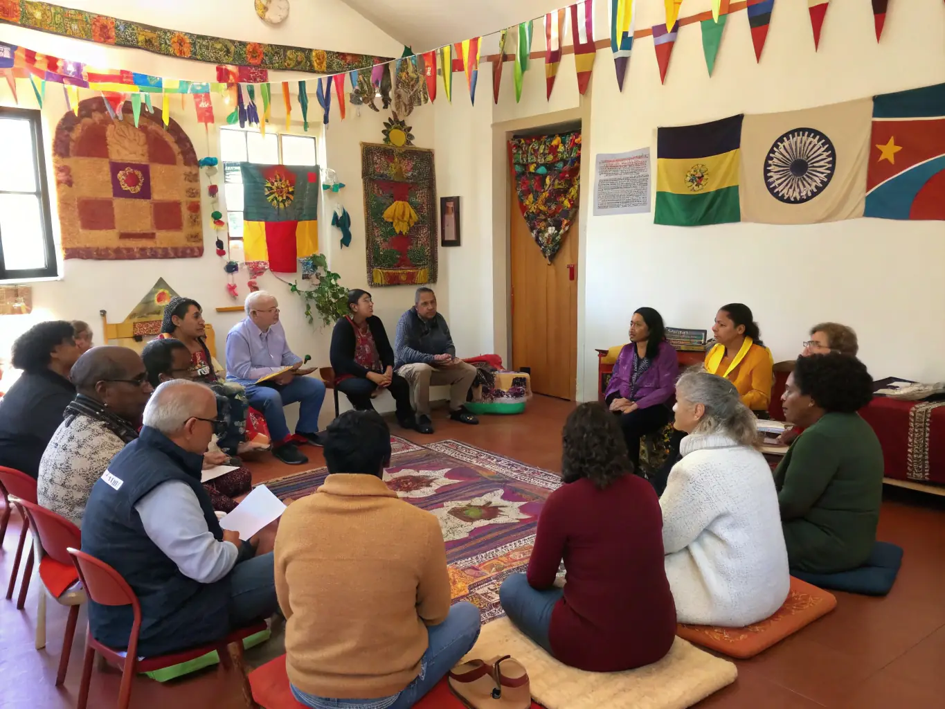 A vibrant scene from a language exchange event, with participants from diverse backgrounds engaging in conversation and cultural sharing.