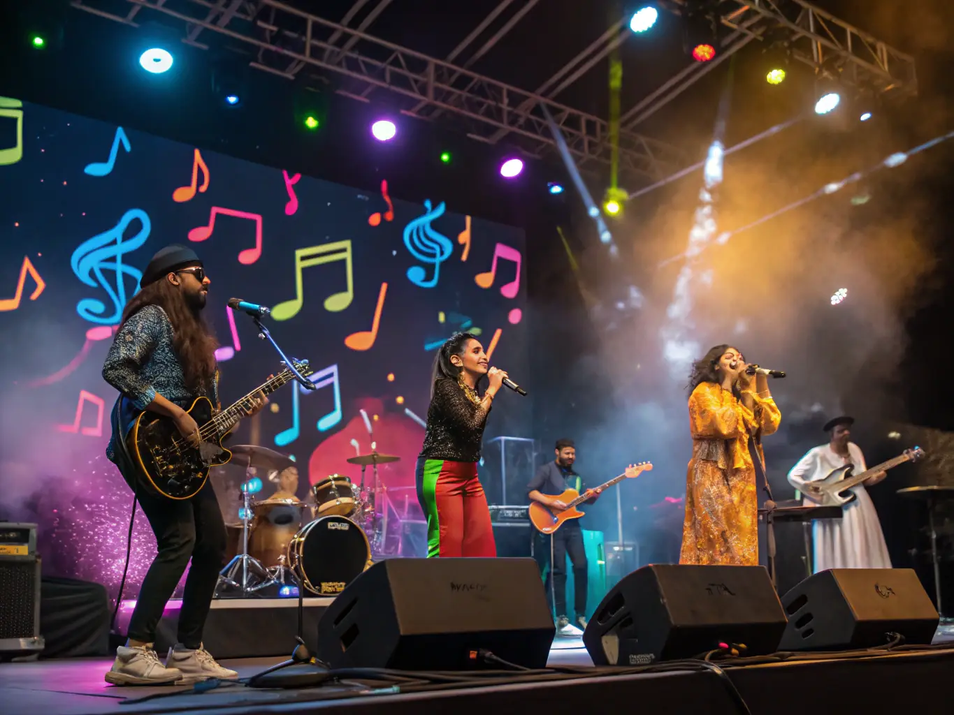 A colorful photograph of a world music concert featuring musicians from different countries playing traditional instruments, with a diverse audience enjoying the performance.