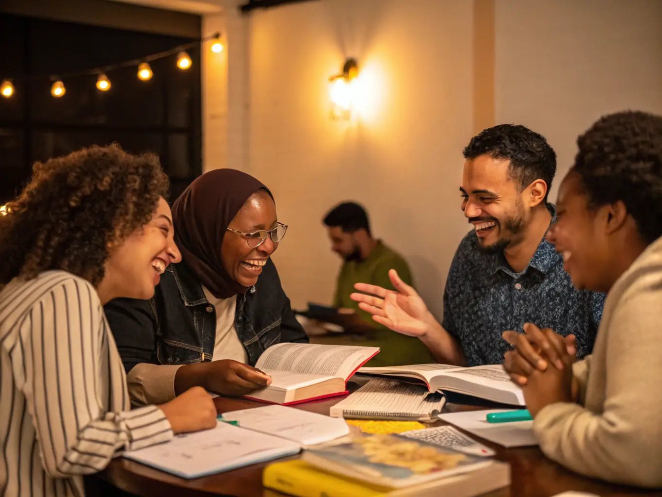A group of people participating in a language exchange program, sitting around a table, laughing, and engaging in conversation, with language learning materials visible in the background.