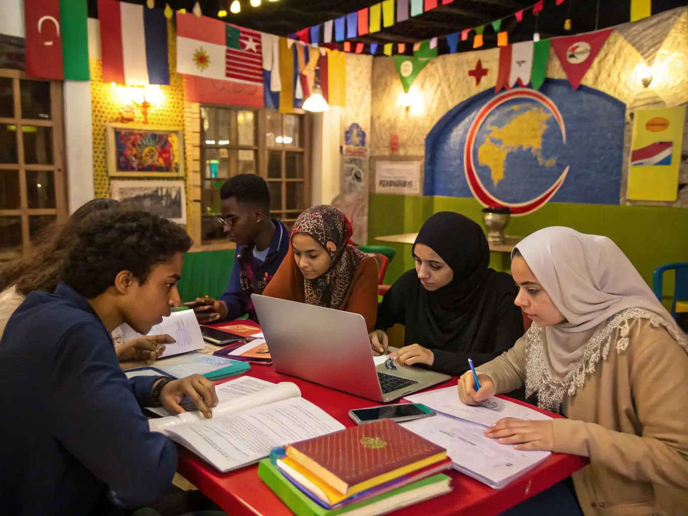 A group of people engaged in a language exchange program, with participants from different countries conversing and learning from each other, fostering intercultural understanding and communication.