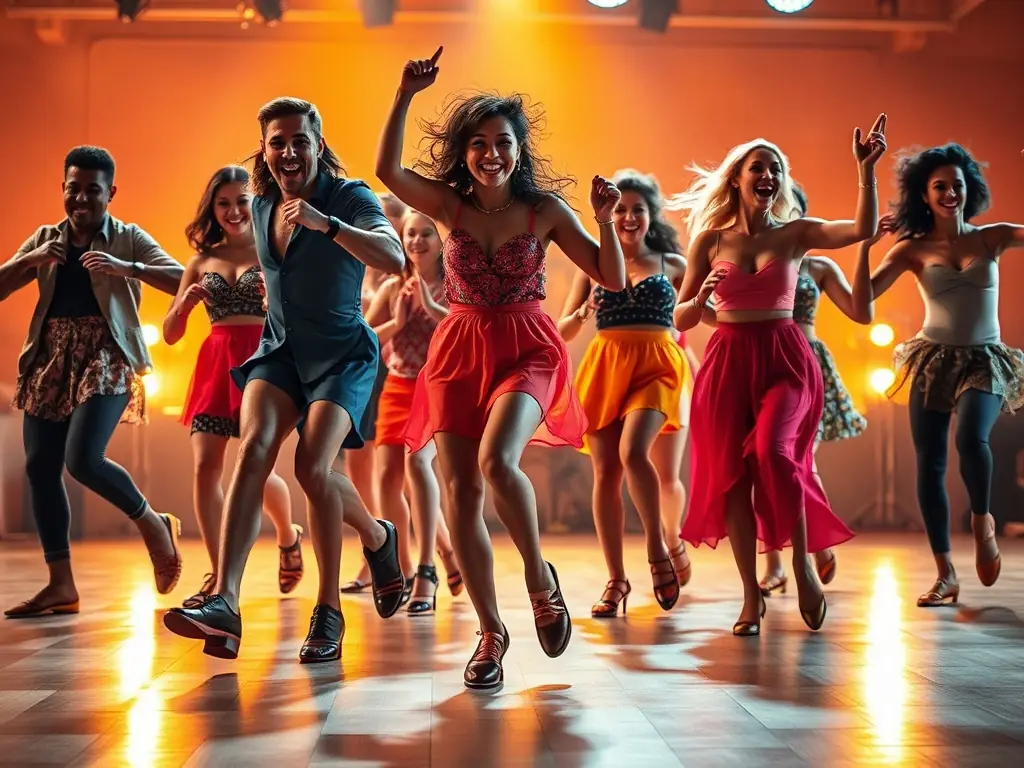 A vibrant image showcasing a group of people participating in a traditional dance workshop, with colorful costumes and enthusiastic expressions, representing the cultural exchange promoted by BAL & ART.