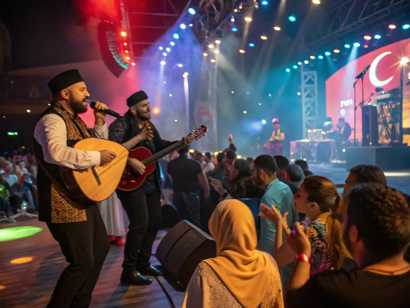 A lively image of a music festival organized by BAL & ART, featuring musicians from different countries performing on stage, with an audience enjoying the diverse musical styles.