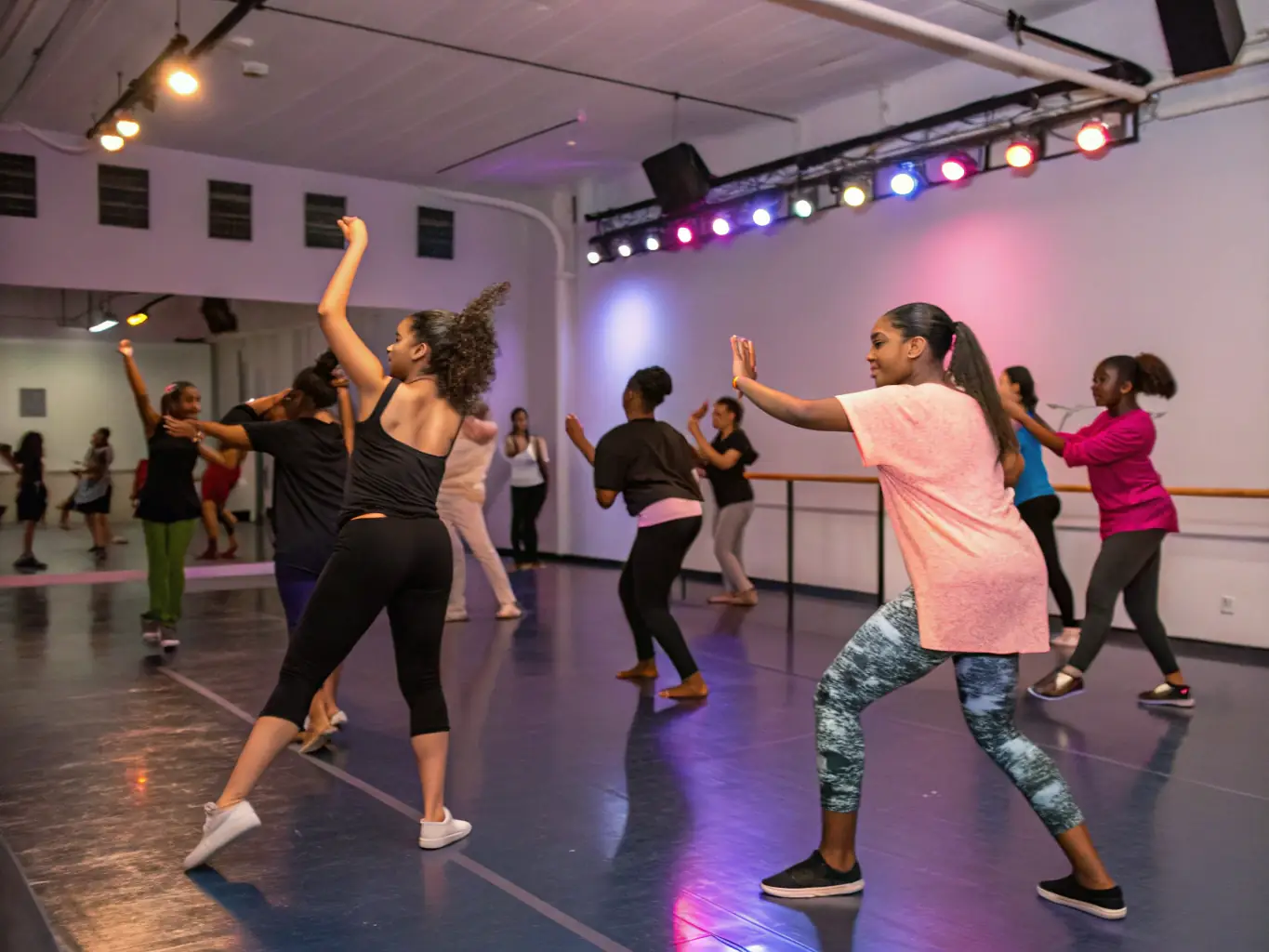 A vibrant scene from a BAL & ART dance workshop, featuring participants of diverse backgrounds learning traditional dance steps, with colorful costumes and enthusiastic expressions.