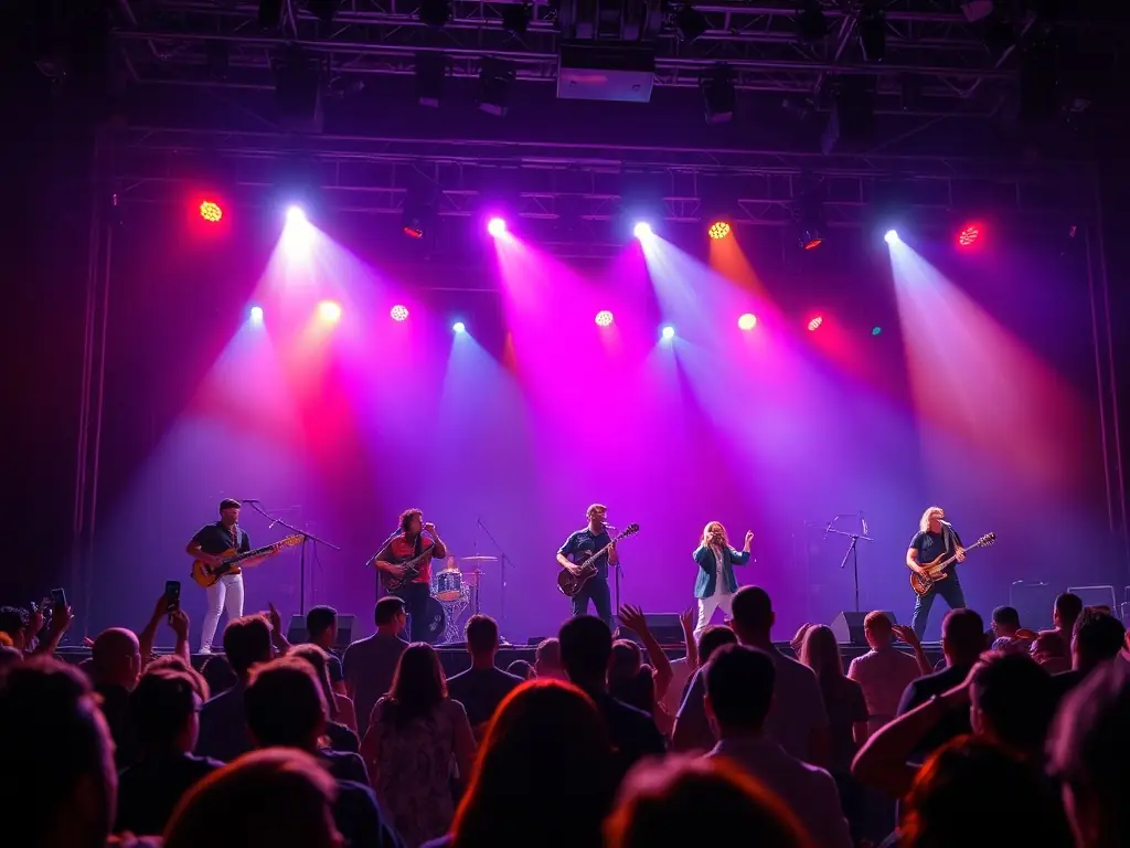 A lively image of a BAL & ART music festival, showcasing musicians from various countries performing on stage, with an audience enjoying the diverse sounds and rhythms.