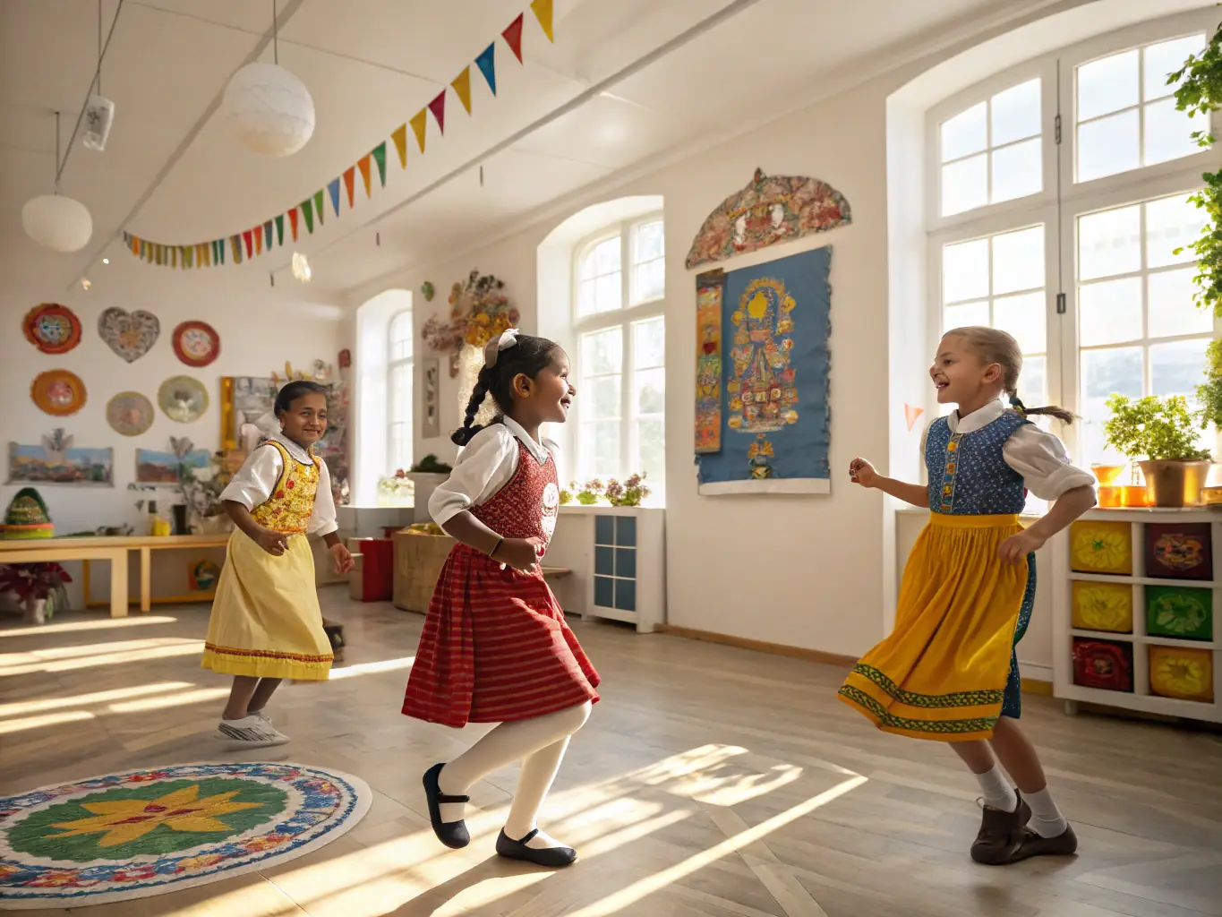 A vibrant image capturing a multicultural dance workshop in progress, with participants of all ages and backgrounds learning traditional dance steps, set in a community center.