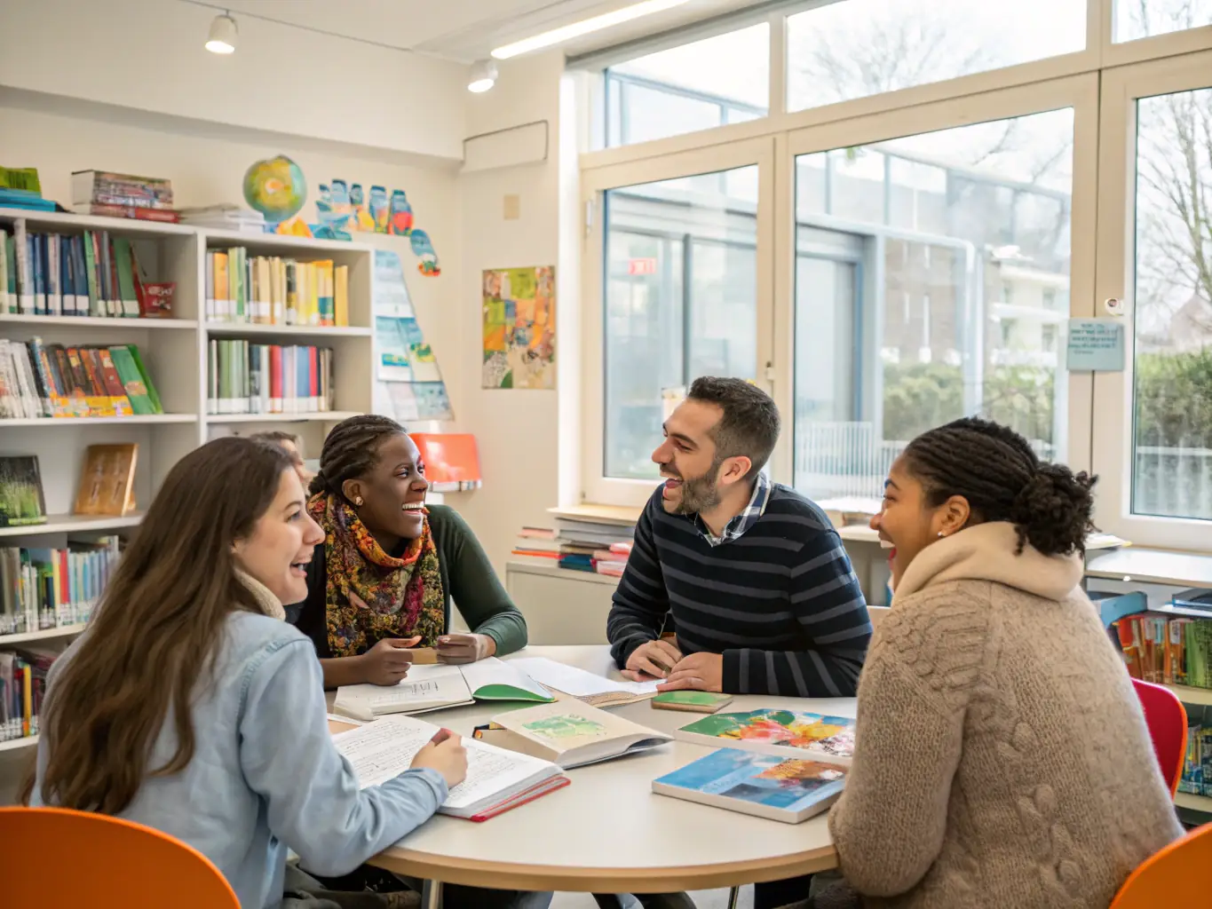A photograph of a language exchange session, showing participants from different cultural backgrounds interacting and learning from each other.
